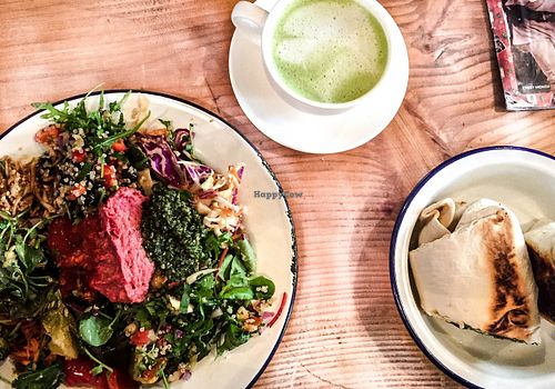 roasted veggie wrap, salad plate and matcha latte at Beyond the Kale in Bath