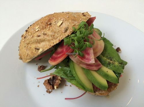 delicious: bread with beetroot humus, avocado and marinated chioggia beets at FOAM in The Hague