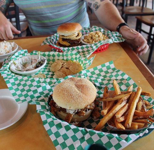 BBq sandwich and fries, crabby dip, Burger with mac and cheese and cole slaw. all good! at Bean Vegan Cuisine in Asheville