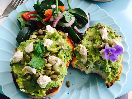 smashed avocado with cashew cheese by request  at Earthy Eating Cafe in Lyndhurst