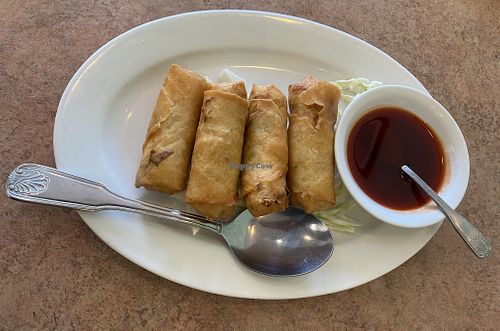 Vegan Spring Rolls w/Sweet Sauce 😛 Yuuum! Came out super hot and a nice crunch!  at Veggie Lee in Hayward