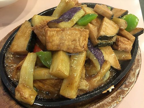 Sizzling eggplant with mock fish steak and tofu. Delicious and great presentation. at Veggie Lee in Hayward