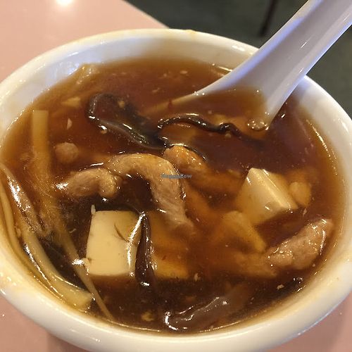 Hot and sour soup with mock fried pork. Your non-vegan friends won't know this is vegan. at Veggie Lee in Hayward