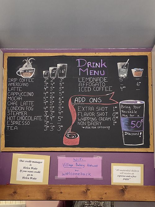 Drink menu  at Village Bakery and Deli in Haines Junction