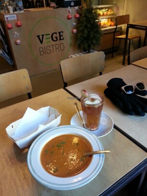 roasted veggie soup and hot cider at Vege Bistro - Polish Vegan Food in Warsaw