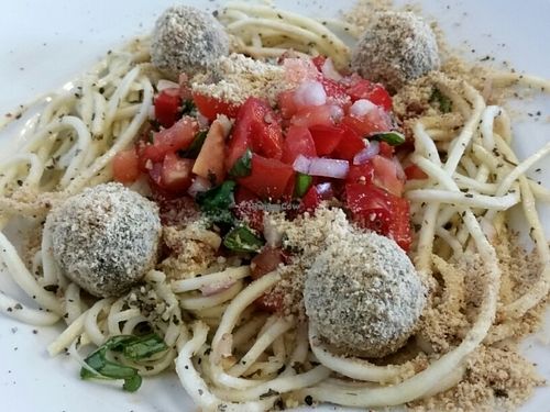 zucchini pasta with apricot meatballs at Vege Bistro - Polish Vegan Food in Warsaw