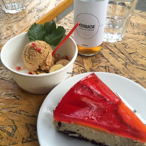 strawberry cheesecake and vegan salted caramel and vanilla ice-cream  at Vege Bistro - Polish Vegan Food in Warsaw