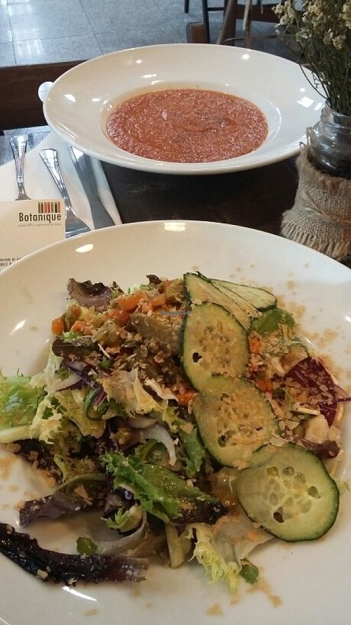 Tomato soup and salad to start. at Botanique in Madrid