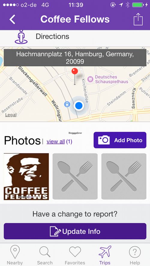 The blue circle shows where Coffee Fellows actually is (I was inside it when I took this screenshot). :) at Coffee Fellows in Hamburg