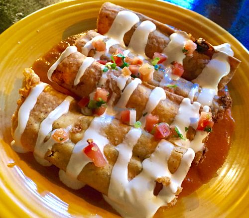 Flautas con crema (vegan option).  at Mexican Radio in Schenectady