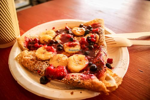 vegan crepe with dark chocolate, bananas and berries at Eldur og Is - Fire and Ice in Reykjavik