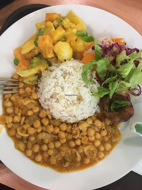 Daily menu, rice, chickpea stew, bean patty, veggies in creamy pumpkin sauce, salad at Mennyorszag Szive in Budapest