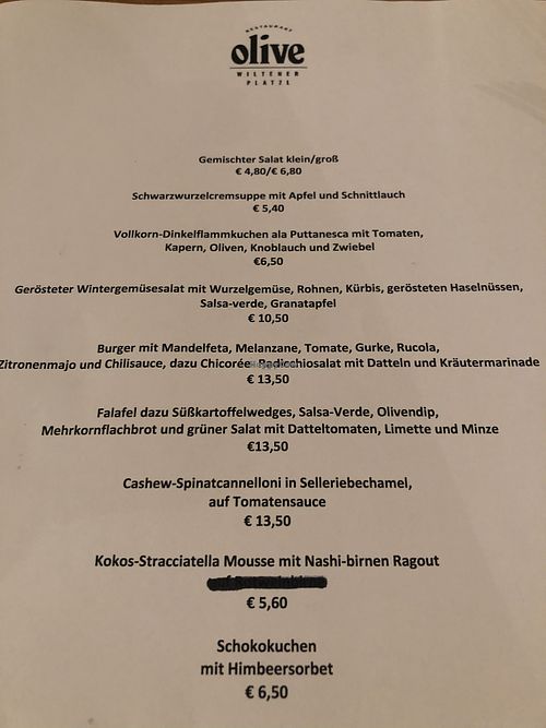 Olive menu- used Translator app for English  at Olive in Innsbruck