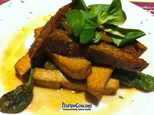 Veggie protein: tofu, seitan and tempeh with pisto at Baobab in Zaragoza