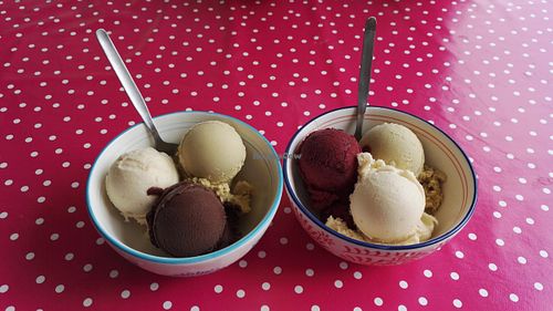 Scoop of vanilla, pistachio and chocolate, and scoop of vanilla, pistachio and blueberry + lavendel at Eiskontor Berlin in Berlin