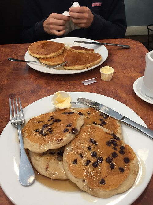 vegan chocolate chip pancakes!! at Maywood Pancake House in Maywood
