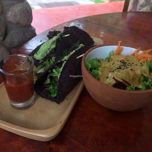 vegan purple corn tacos with a salad  at Ama Restaurant in Urubamba