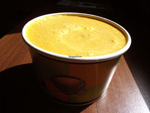 Raw carrot soup at Loving Hut in Sofia