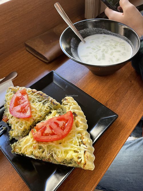 Spinach quiche and traditional tarator soup   at Loving Hut in Sofia