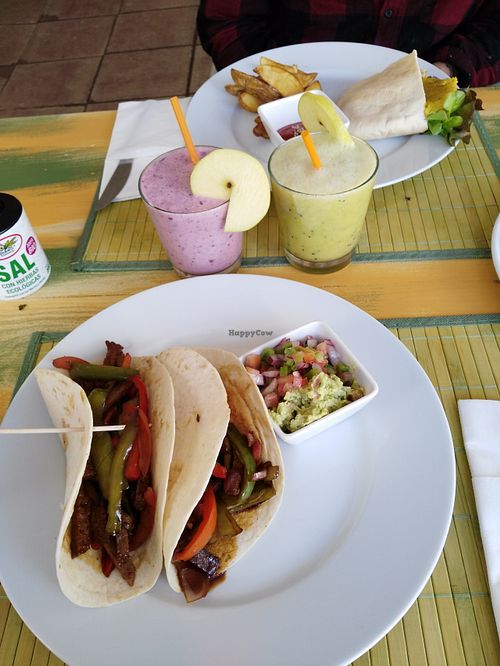 Vegan burger and seitan fajitas, 7 euros each one at EcoCentro in Ibiza