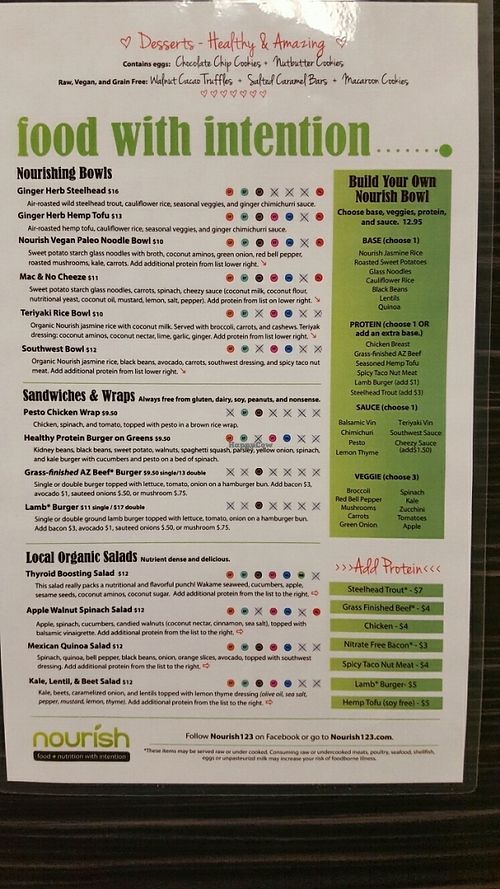 lunch/dinner menu all organic and gluten free at Nourish in Gilbert