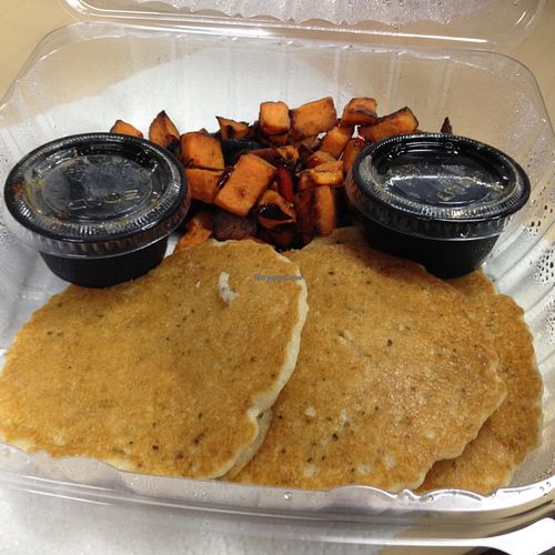 vegan pancakes w/ side of sweet potato hashbrowns (pure maple syrups) at Nourish in Tempe