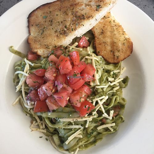 veganized fettuccine pesto!! so good.. garlic toast was amazing:) at GNJ Vegetarian Bistro in Surrey