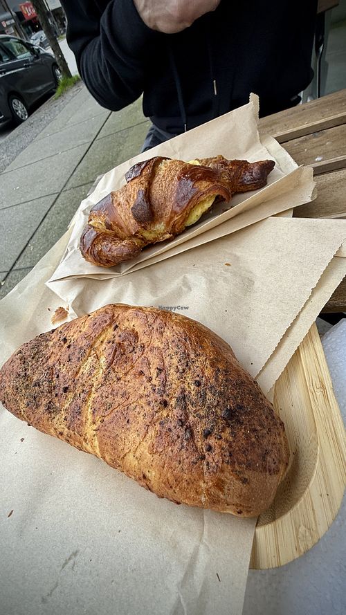 Calzone and croissant breakfast sandwich   at Vogue Cakes in Vancouver