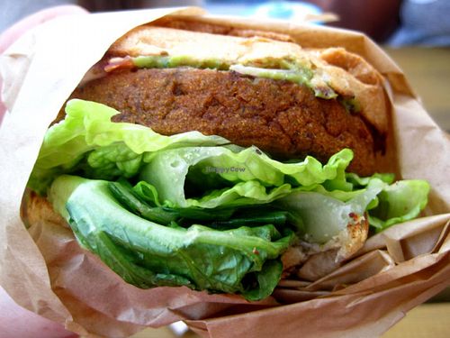 Sweet Potato and Black Bean Burger (to go) :
Sweet potato, organic black beans, corn, peas, carrots, lettuce, guacamole, buschetta, Vegenaise.

It's pretty good. at Copper Branch - Rene Levesque in Montreal