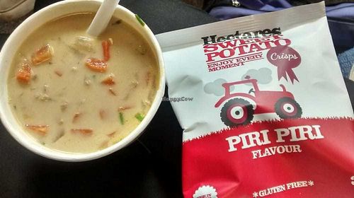 Coconut bean citrus soup and sweet potato crisps at Martha's in Glasgow