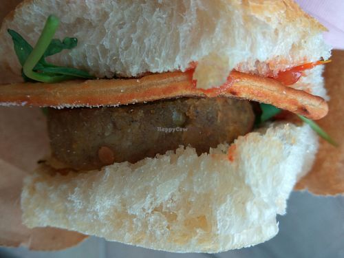 Veggie haggis & potato scone on a roll, ask for no butter to make it vegan. at Martha's in Glasgow