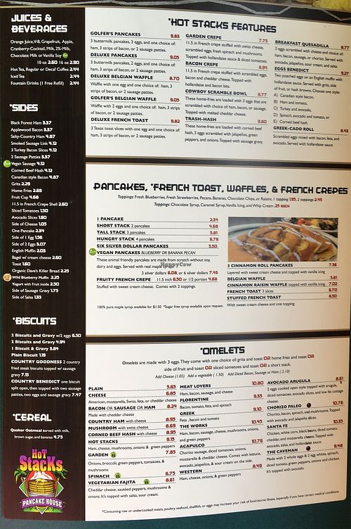 Menu side 1 at Hot Stacks Cafe in Myrtle Beach