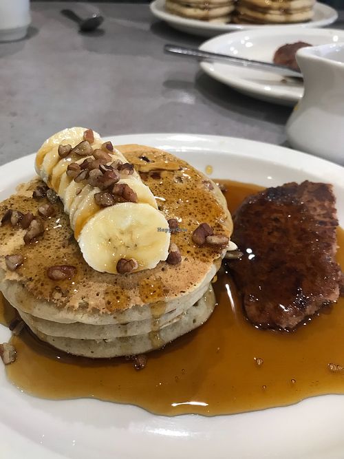 Banana pecan pancakes with 1/2 a sausage patty at Hot Stacks Cafe in Myrtle Beach