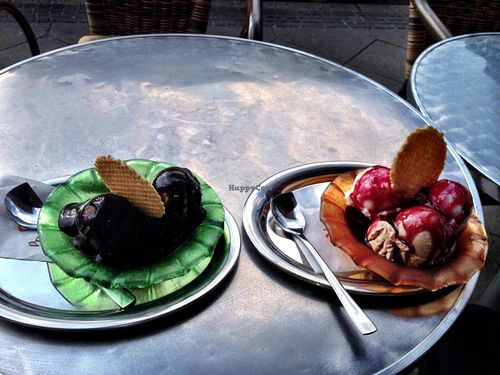 chocolate ice cream with chocolate sauce & hazelnut ice cream with amarena-cherry sauce at Cafe Milano in Dortmund