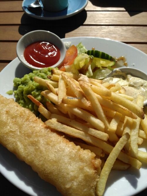 vegan fish chips n mushy peas at Loving Hut Cafe - St Peter's Place in Brighton