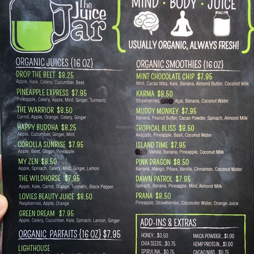 menu side one at The Juice Jar in Corolla