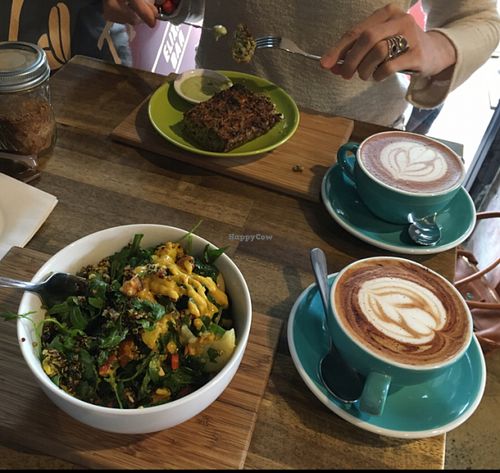 Quinoa and egg slice, two kinds of salad, coffee and a hot chocolate.  at Nutrition Republic in Goodwood