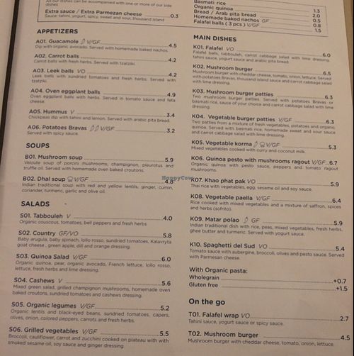 Menu april 2016 at Mama Tierra in Athens