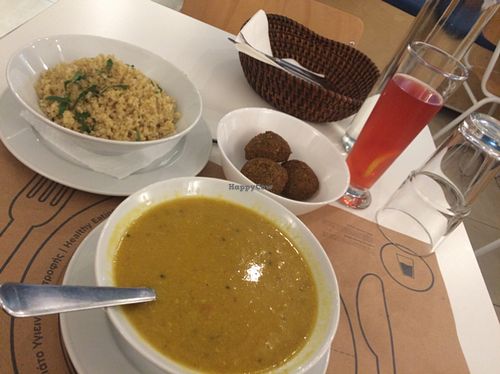 Dhal soup, quinoa and falafel balls on the side at Mama Tierra in Athens