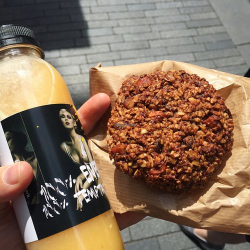 juice and oatmeal cookie  at Lite Dark - Zeedijk in Amsterdam