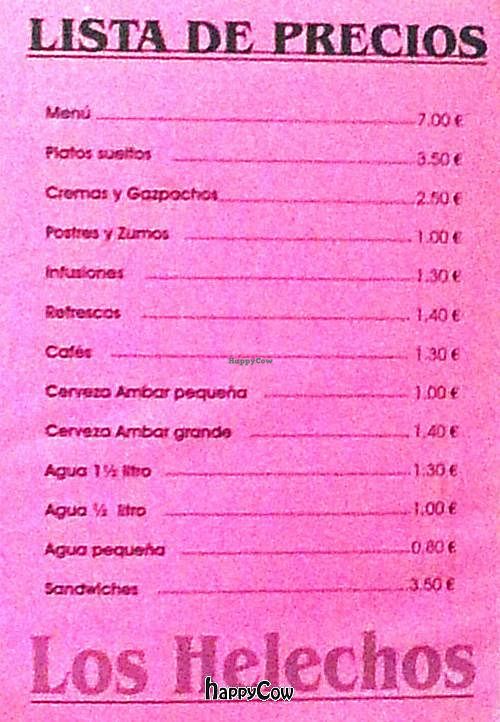Menu at Los Helechos in Zaragoza