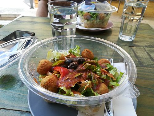 Falafel salads with sweet chilli/olive oil & basil dressings at Priroda i Drustvo in Rijeka