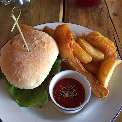 Vegan burger, chips and ketchup  at Anna Loka in Cardiff