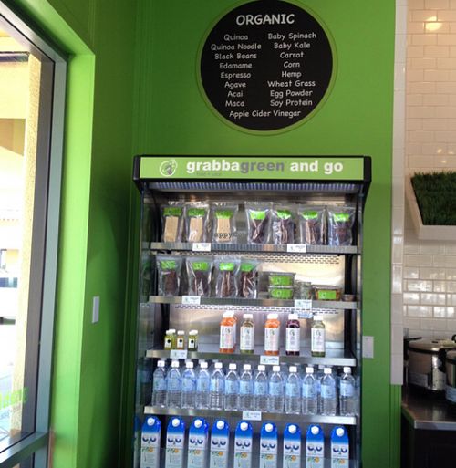 The list of their organic offerings above this grab & go cold case at grabbagreen - North in Scottsdale