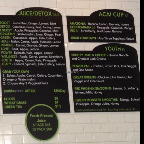 Juices/ Acai/ & kids menu board  at grabbagreen - North in Scottsdale