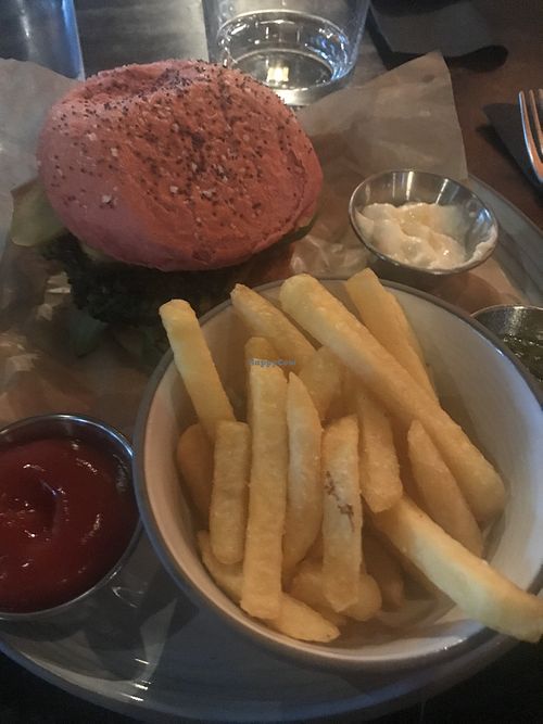 Vegan burger and chips  at Chico's - Töölö in Helsinki