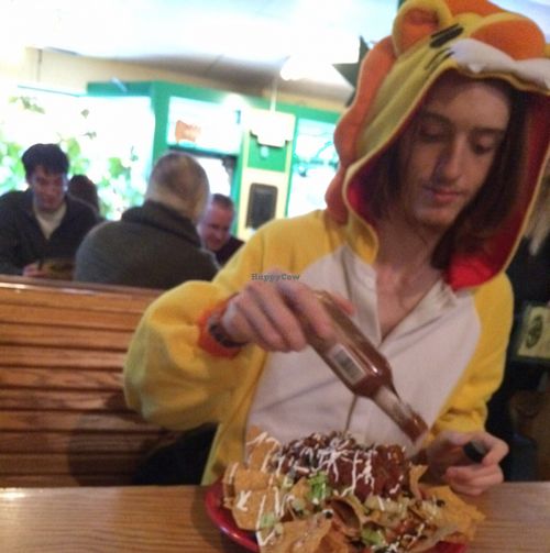 Nacho man with tofu chilli on top!!!! DELICIOUS !! at Black Bear Burritos - Downtown in Morgantown