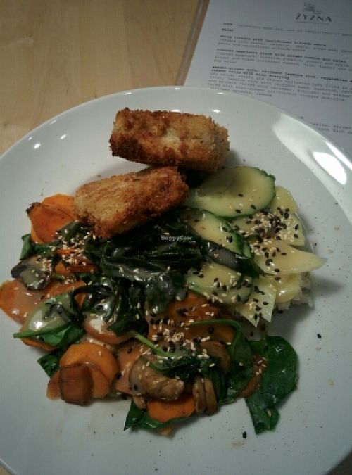 fried vegetables with cardamon-jasmine rice with cucumber and kohlrabi salad, sesame oil and coconut vinegar dressing and crispy wasabi tofu at Zyzna in Wroclaw