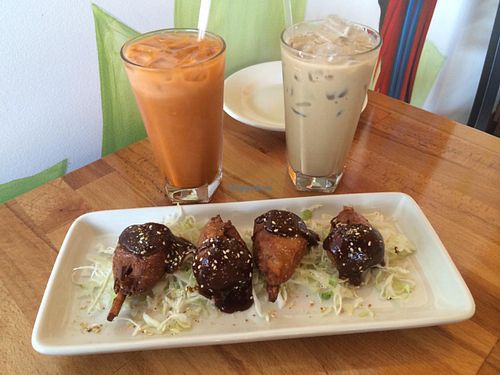 Thai iced tea, iced coffee. and 'chicken' drumsticks.  at One Veg World in Pasadena