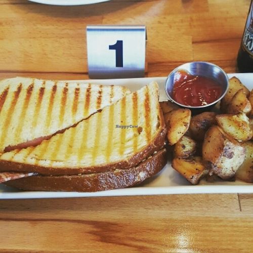 Grilled Bacun, V-Egg, Cheeze and Tomato Sandwich with Roasted Potatoes  at One Veg World in Pasadena